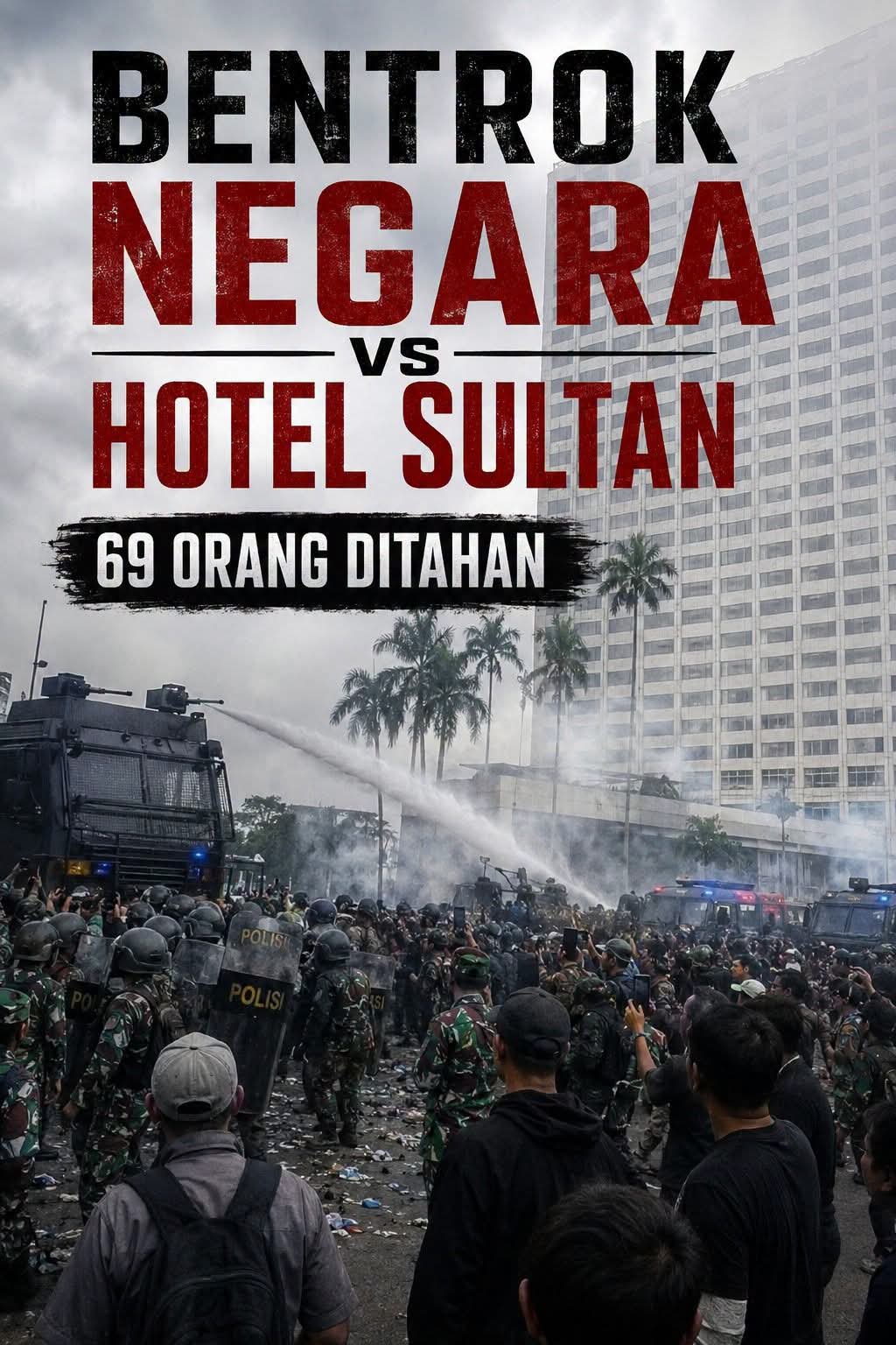 Bentrokan Pengosongan Lahan Hotel Sultan Senayan Suasana bentrokan saat eksekusi pengosongan lahan Hotel Sultan di Senayan. Aparat menggunakan water cannon untuk membubarkan massa yang melakukan perlawanan.