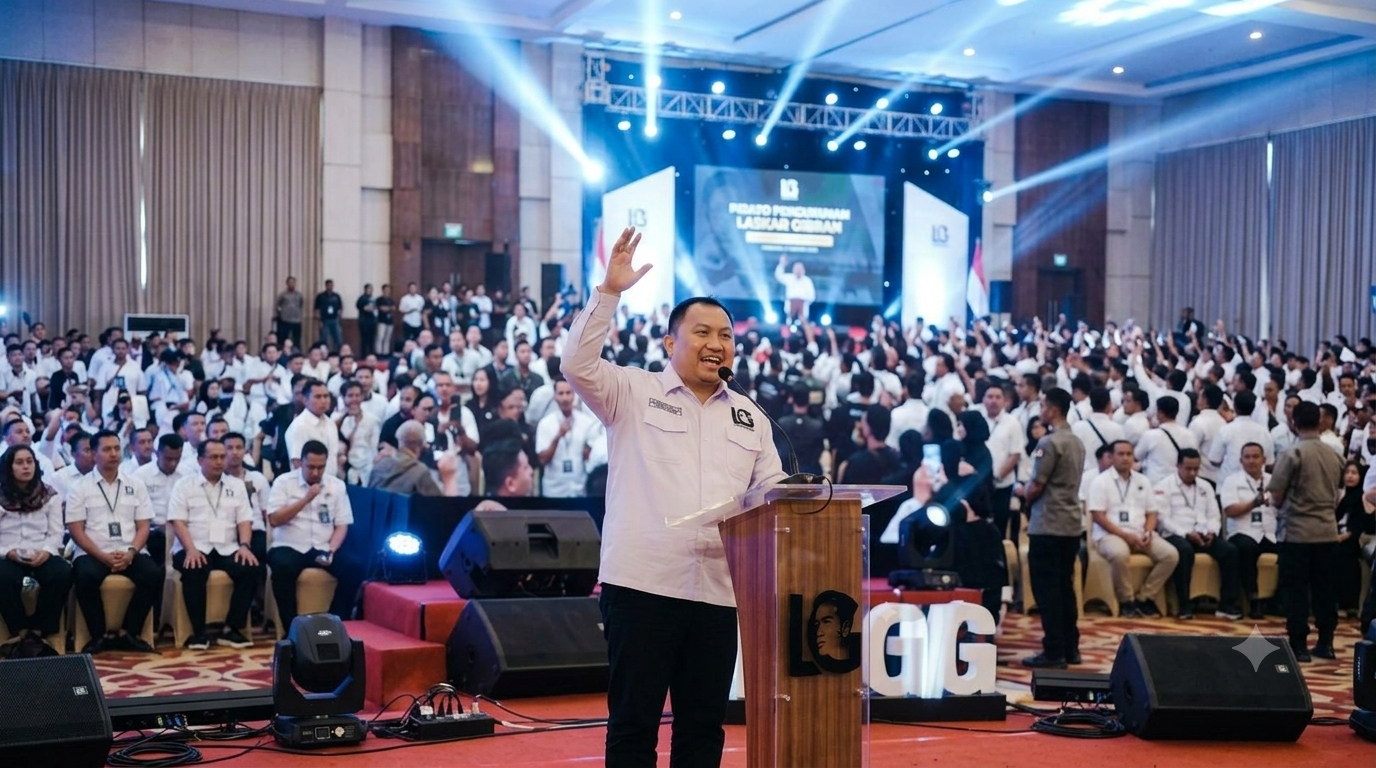 Ketua Umum Laskar Gibran Leonardo Pandapotan Sirait saat memberikan pidato pengukuhan relawan di podium.